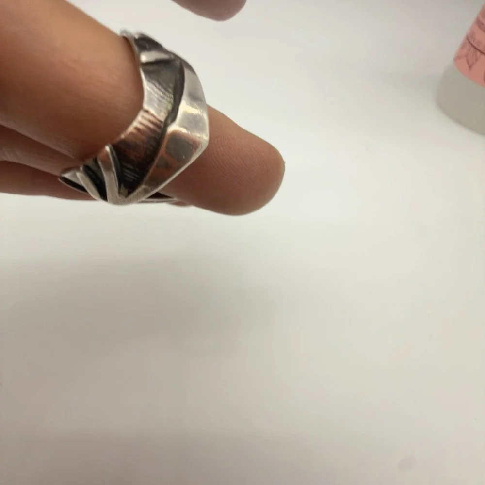 Vtg Custom Made Sterling Damascus Steel Ring Solid 14k Gold Inlay Hammered Read